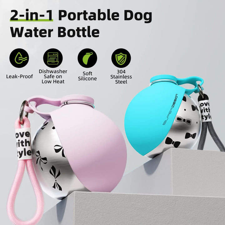 Snoutbound 2-in-1 Dog Water Bottle – Leak-Proof Stainless Steel Bottle + Bowl